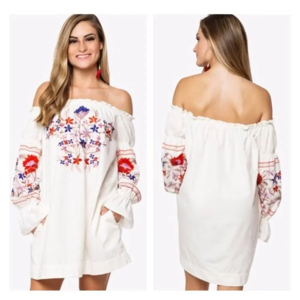Free People Off The Shoulder Fleur De Jour Embroidered Mini Dress Women's Size S